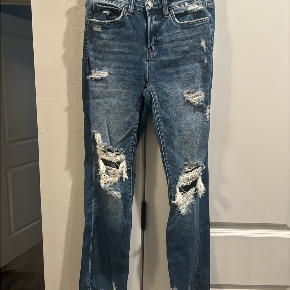 Flying Monkey Women's Ripped Straight Leg Jeans in Blue